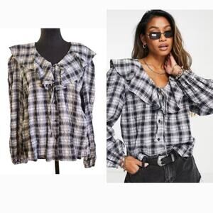 TOPSHOP NWT Ruffle Front, Plaid Button Up Top, Size 12